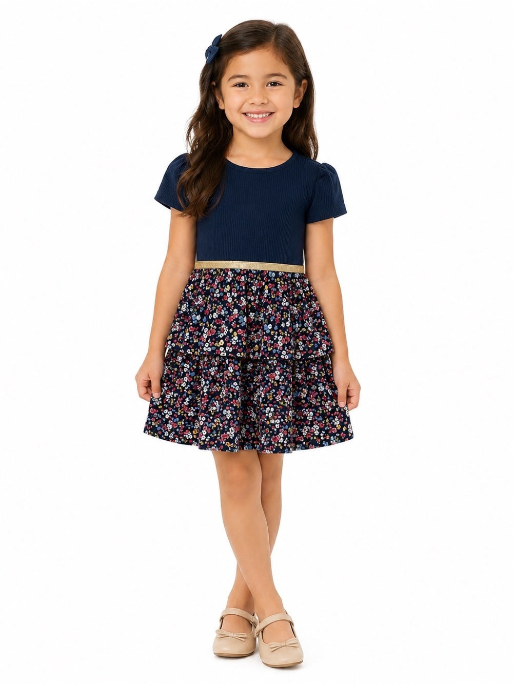Janie and Jack Girls Ditsy Floral Short Sleeve Tiered Cotton Dress 5 Navy Blue